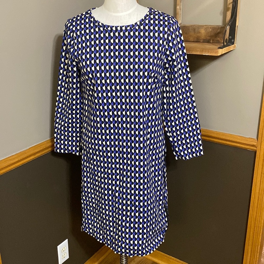 J. Crew purple, white, & black long sleeve dress with side zipper detail size 4